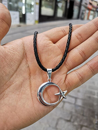 Deri İpli Ayyıldız Gümüş Kolye 