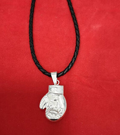 Gümüş Boks Eldiveni Kolye Deri İpli Özel Tasarım 925 Ayar