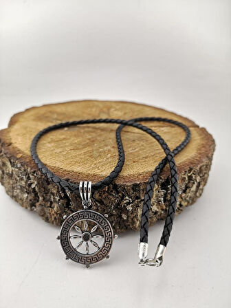 Gemi Dümeni Deri İpli Gümüş Kolye 