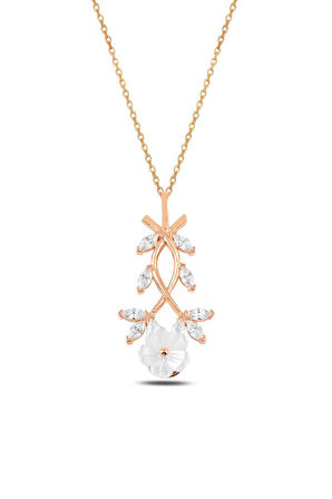 Baget Taşlı Manolya Çiçeği Gümüş Kolye Rose