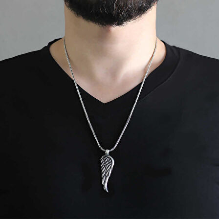Kartal Kanadı Tasarımlı 925 Ayar Gümüş Kolye 60 CM Kalın Zincirli