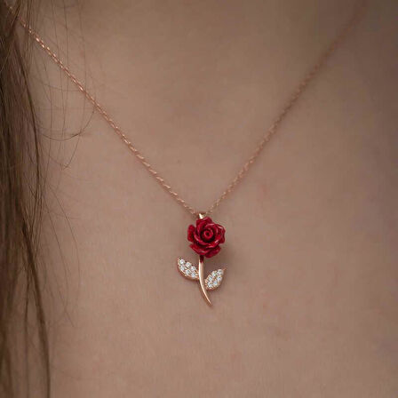 Kırmızı Gül Tasarımlı Gümüş Kolye Rose 