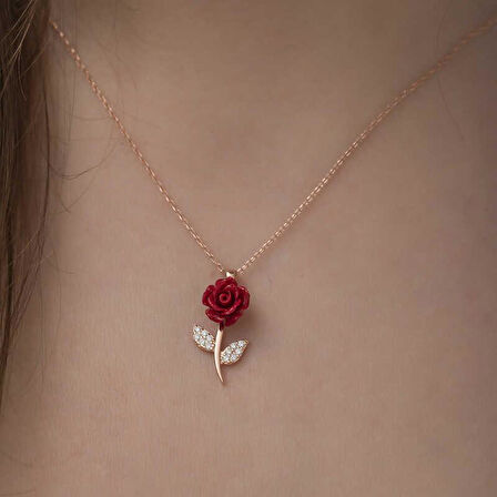 Kırmızı Gül Tasarımlı Gümüş Kolye Rose 
