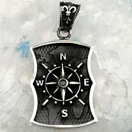 Özel Pusula Tasarımlı Atlas Zemin Detaylı 925 Ayar Gümüş Kolye Ucu