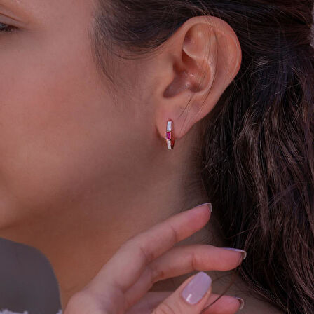 Pembe Baget Taşlı Rose Kaplama 925 Ayar Gümüş Halka Küpe