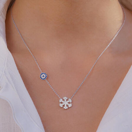 Kar Tanesi Nazar Boncuğu Tasarımlı 925 Ayar Gümüş Kadın Kolye