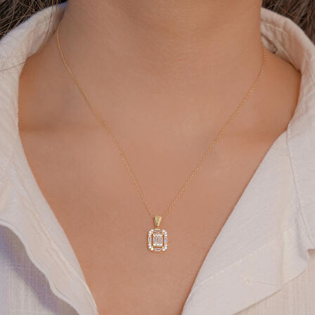 Baget Taşlı Altın Kaplama 925 Ayar Gümüş Kadın Kolye