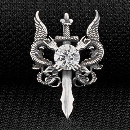 Çift Ejderha Tasarımlı Hançer Detaylı Beyaz Zirkon Taşlı 925 Ayar Gümüş Kolye Ucu