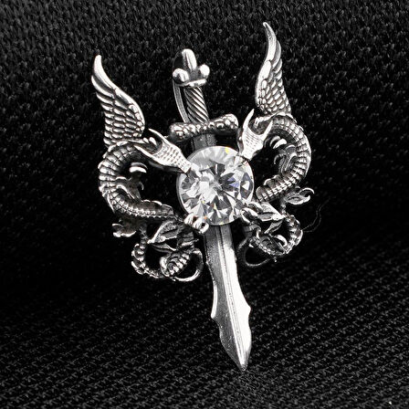 Çift Ejderha Tasarımlı Hançer Detaylı Beyaz Zirkon Taşlı 925 Ayar Gümüş Kolye Ucu