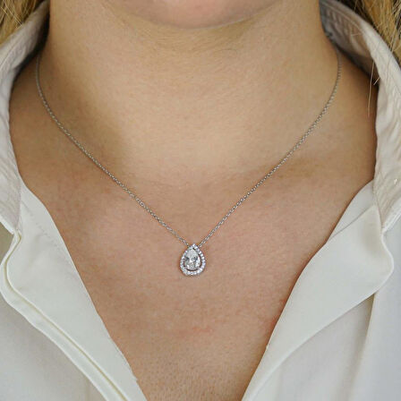 Damla Tasarımlı Beyaz Zirkon Taşlı 925 Ayar Gümüş Kadın Kolye 