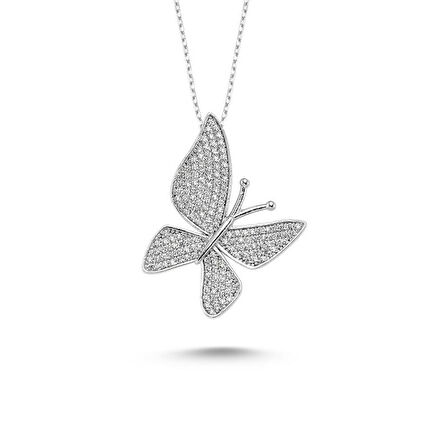 Kelebek Tasarımlı Beyaz Zirkon Taşlı Parlak 925 Ayar Gümüş Kadın Kolye 