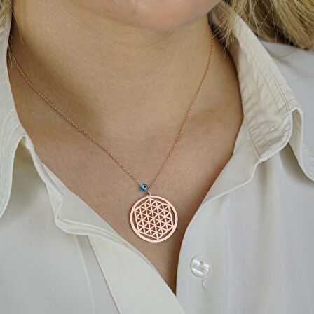 Yaşam Çiçeği Tasarımlı Nazar Boncuğu Detaylı 925 Ayar Gümüş Kadın Kolye Rose