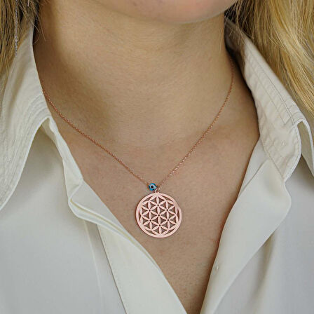 Yaşam Çiçeği ve Nazar Tasarımlı Rose 925 Ayar Gümüş Kadın Kolye