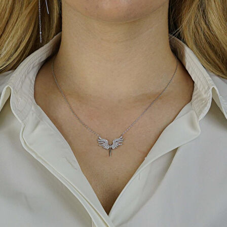 Melek Tasarımlı Beyaz Zirkon Taşlı 925 Ayar Gümüş Kadın Kolye Büyük Boy