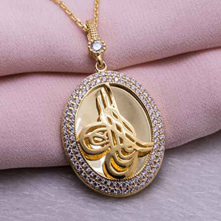 Oval Tasarımlı Tuğra Motifli Altın Kaplama 925 Ayar Gümüş Kadın Kolye