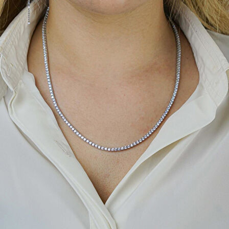 Pırlanta Tasarımlı Yuvarlak 925 Ayar Gümüş Su Yolu Kolye 3 MM 