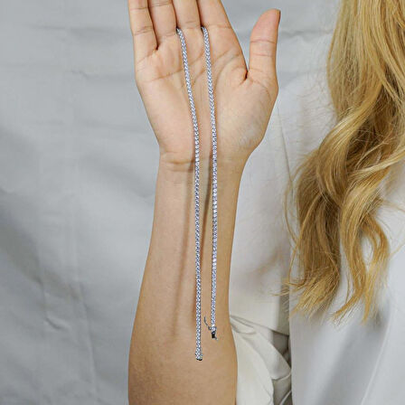 Pırlanta Tasarımlı Yuvarlak 925 Ayar Gümüş Su Yolu Kolye 3 MM 