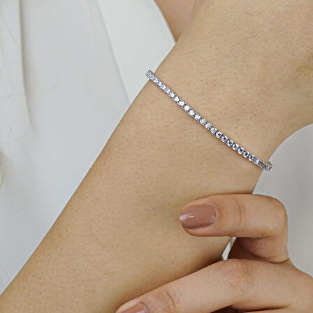 Yuvarlak Pırlanta Tasarımlı 925 Ayar Gümüş Su Yolu Kolye Bileklik Set 2 MM 
