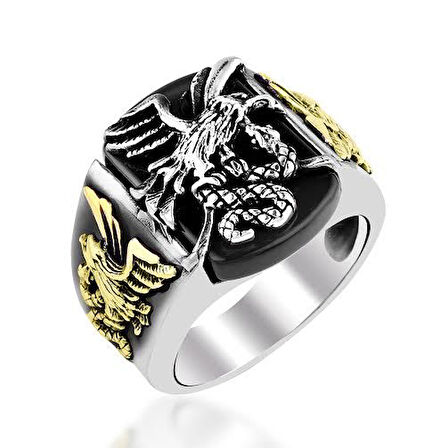 925 Ayar Gümüş Oniks Taşlı Kartal Motifli Yüzük