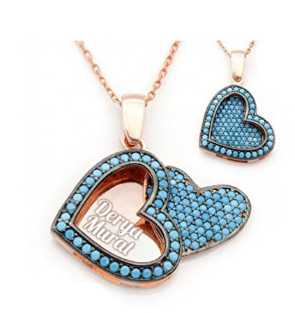 İsim Yazılı Kalpli Turkuaz Nano Taşlı Gümüş Kadın Kolye