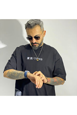 Tokyo Temalı Siyah Erkek Oversize T-Shirt