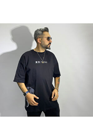 Tokyo Temalı Siyah Erkek Oversize T-Shirt