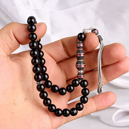 925 Ayar Gümüş Zirkon Mine Püsküllü Onix Taşı Tesbih