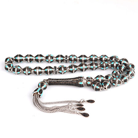 TURKUAZ MİNELİ ZİRKON TAŞ İŞLEMELİ TAMAMI 925 AYAR GÜMÜŞ TESBİH