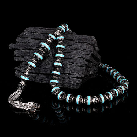 TURKUAZ RENK MİNELİ ZİRKON TAŞLI 925 AYAR GÜMÜŞ TESBİH