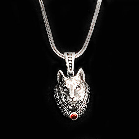 925 Ayar Kırmızı Taşlı Kurt Kafası Kolye