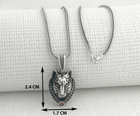 925 Ayar Kırmızı Taşlı Kurt Kafası Kolye