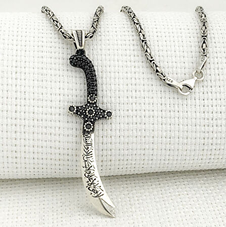 925 Ayar Gümüş La Feta İlla Ali La Seyfe İlla Yazılı Zülfikar Kral Zincir Kolye