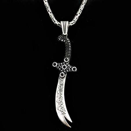 925 Ayar Gümüş La Feta İlla Ali La Seyfe İlla Yazılı Zülfikar Kral Zincir Kolye