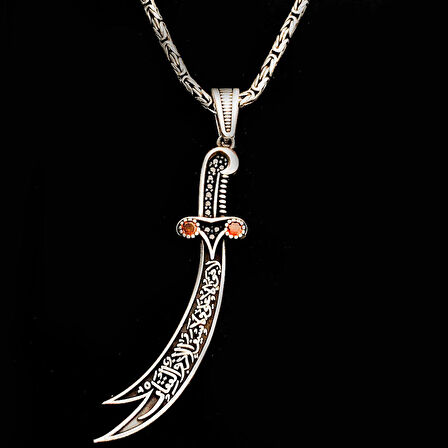 925 Ayar Gümüş Kırmızı Taşlı La Feta İlla Ali La Seyfe İlla Zülfikar Kral Zincir Kolye