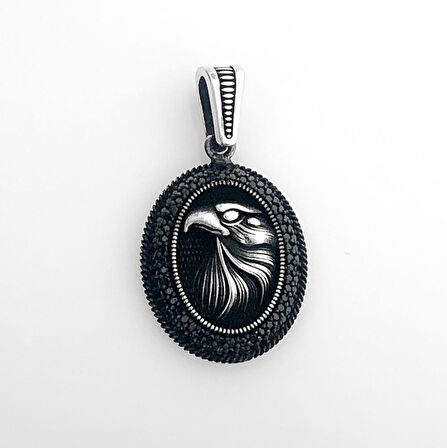 925 Ayar Gümüş Siyah Taşlı Kartal Motifli Kolye Ucu