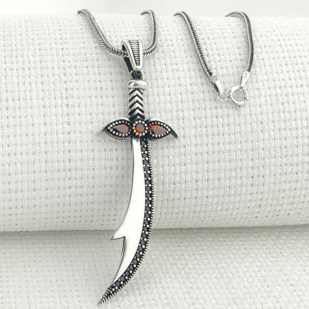 925 Ayar Gümüş Kırmızı Taşlı Zülfikar Kolye