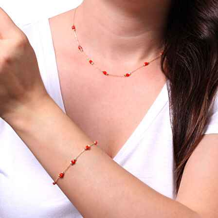 Mercan Renk Taşlı Spor Bileklik Kolye Takım (TKM0033)