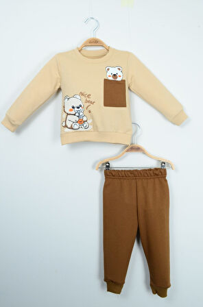 Bej "Nice Bear" Ayıcık Baskılı İki Parça Takım (1-4 yaş)