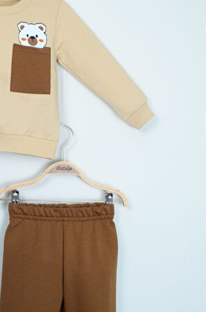 Bej "Nice Bear" Ayıcık Baskılı İki Parça Takım (1-4 yaş)