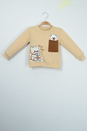 Bej "Nice Bear" Ayıcık Baskılı İki Parça Takım (1-4 yaş)