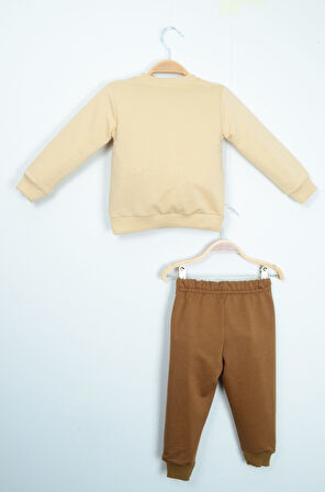 Bej "Nice Bear" Ayıcık Baskılı İki Parça Takım (1-4 yaş)