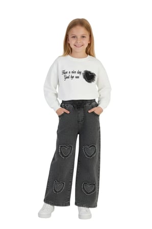 Kız Çocuk Bayramlık Günlük - Casual Geniş-Bol Paça Palazzo Kot Pantolon-Sweatshirt ikili takım — Beyaz - Siyah
