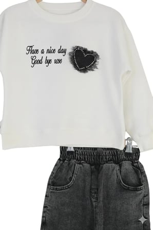 Kız Çocuk Bayramlık Günlük - Casual Geniş-Bol Paça Palazzo Kot Pantolon-Sweatshirt ikili takım — Beyaz - Siyah