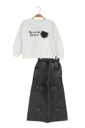 Kız Çocuk Bayramlık Günlük - Casual Geniş-Bol Paça Palazzo Kot Pantolon-Sweatshirt ikili takım — Beyaz - Siyah