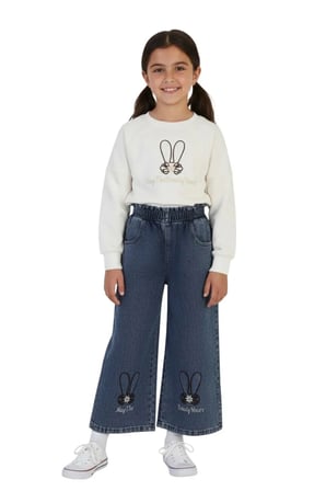 Kız Çocuk Bayramlık Günlük - Casual Geniş-Bol Paça Palazzo Kot Pantolon-Sweatshirt ikili takım — Beyaz - Mavi