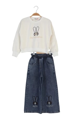 Kız Çocuk Bayramlık Günlük - Casual Geniş-Bol Paça Palazzo Kot Pantolon-Sweatshirt ikili takım — Beyaz - Mavi
