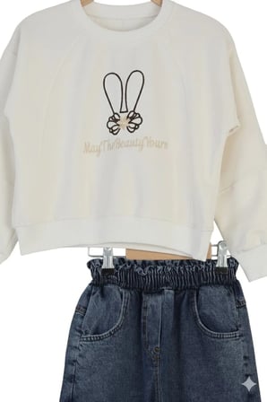 Kız Çocuk Bayramlık Günlük - Casual Geniş-Bol Paça Palazzo Kot Pantolon-Sweatshirt ikili takım — Beyaz - Mavi