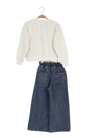 Kız Çocuk Bayramlık Günlük - Casual Geniş-Bol Paça Palazzo Kot Pantolon-Sweatshirt ikili takım — Beyaz - Mavi