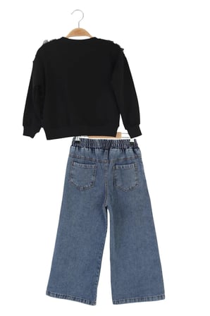 Kız Çocuk Bayramlık Günlük - Casual Geniş-Bol Paça Palazzo Kot Pantolon-Sweatshirt ikili takım — Siyah - Mavi