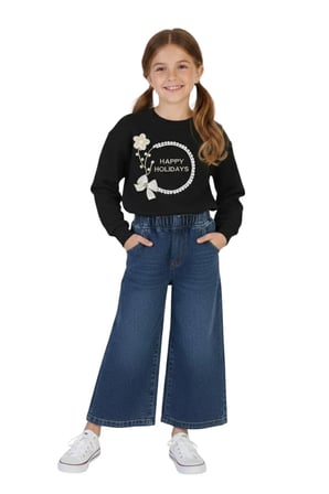 Kız Çocuk Bayramlık Günlük - Casual Geniş-Bol Paça Palazzo Kot Pantolon-Sweatshirt ikili takım — Siyah - Mavi